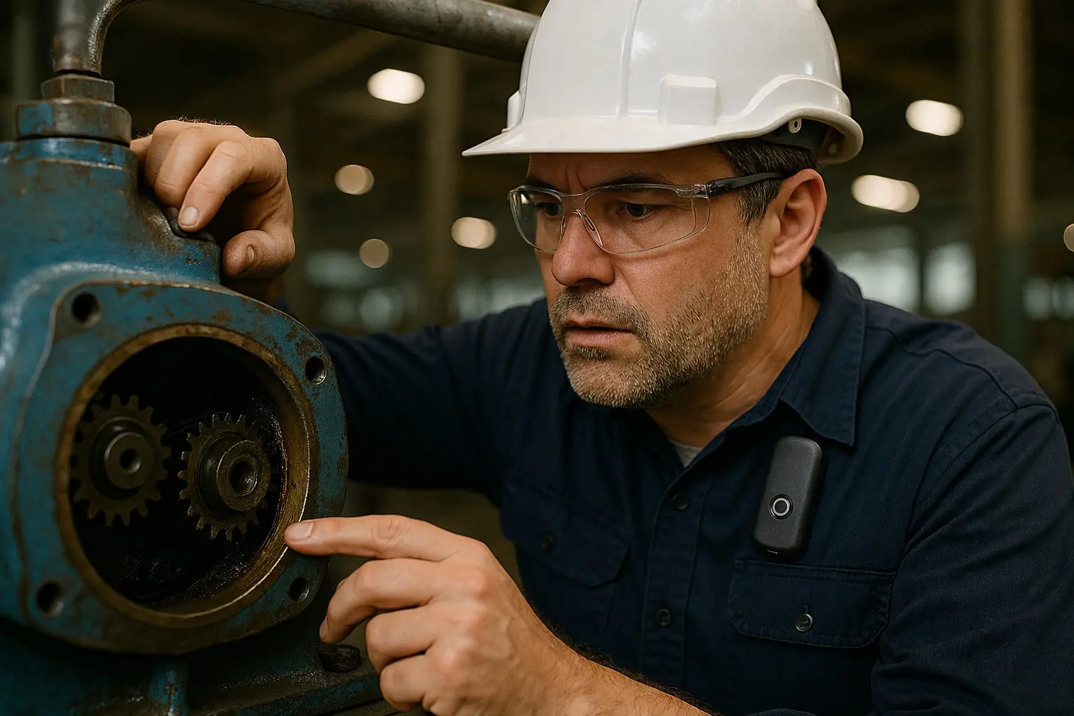 User working with voice recording technology in industrial environment
